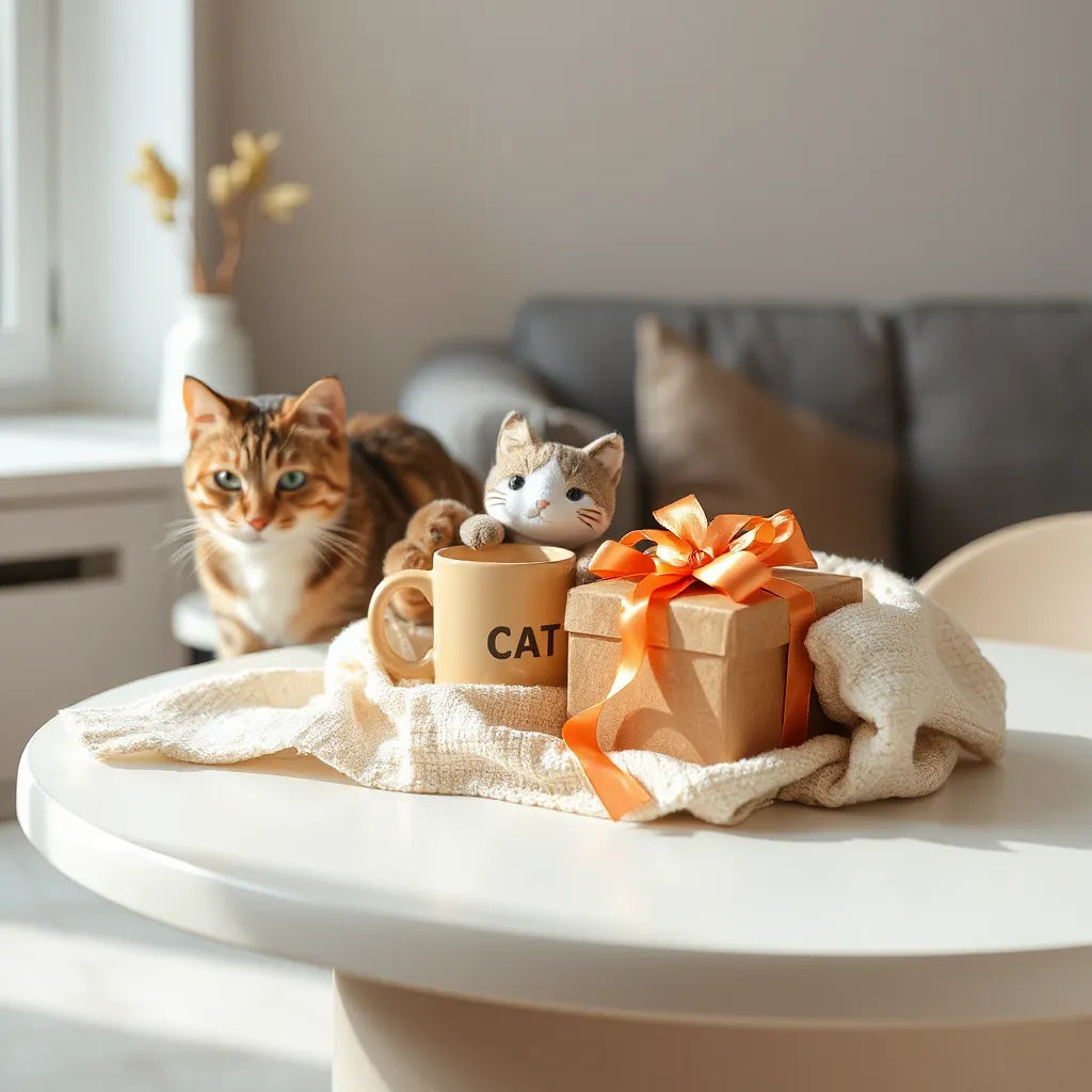 Cat-themed gift items arranged on a table beside a calm domestic cat in natural light