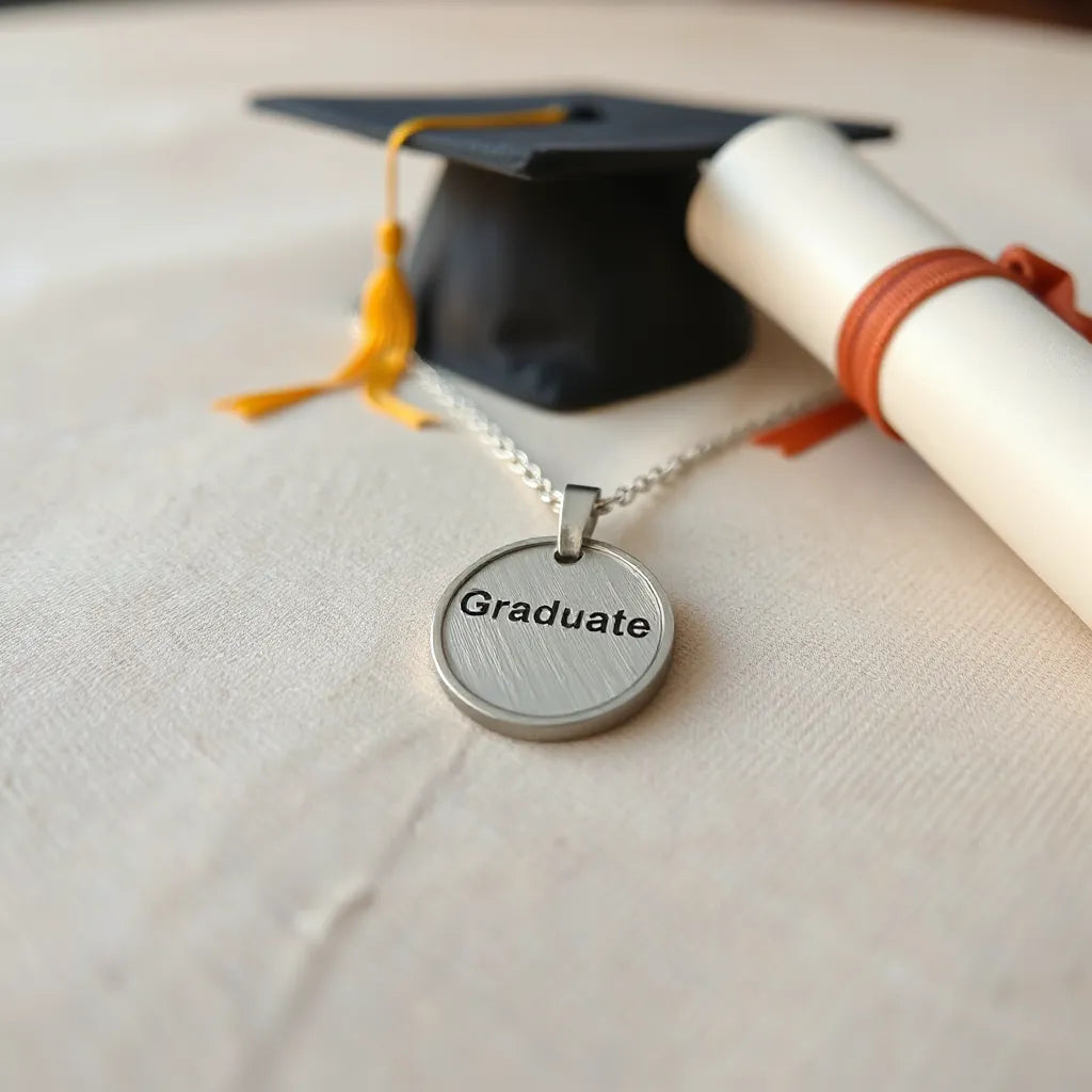 Engraved graduation pendant necklace on neutral fabric with a softly blurred graduation cap in the background