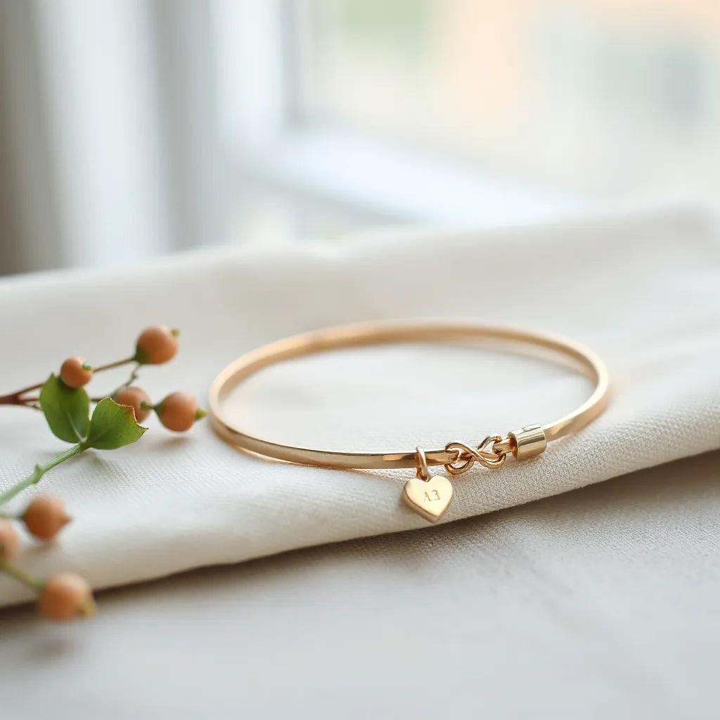 Delicate anniversary bracelet with a small charm detail on light linen under soft window light