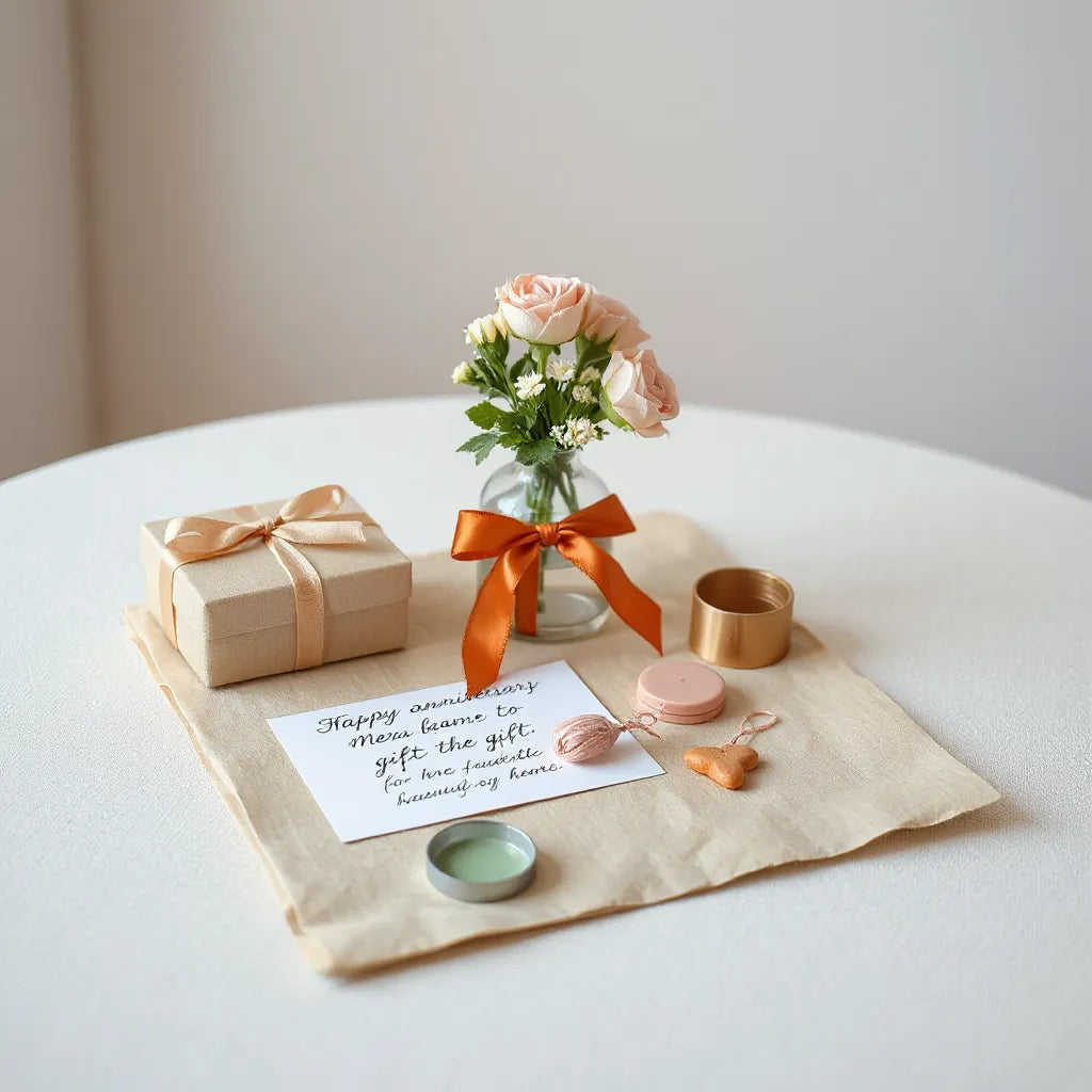 Wrapped anniversary gift box with ribbon, soft flowers, and a keepsake card on a neutral tabletop