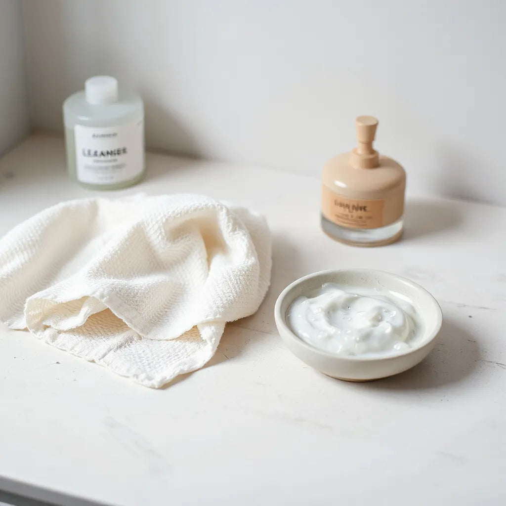 Sleek acne cleanser bottle and washcloth on a clean vanity with gentle lather