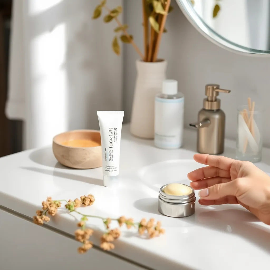 Hand applying nourishing lip balm near a lip balm tube on a clean vanity