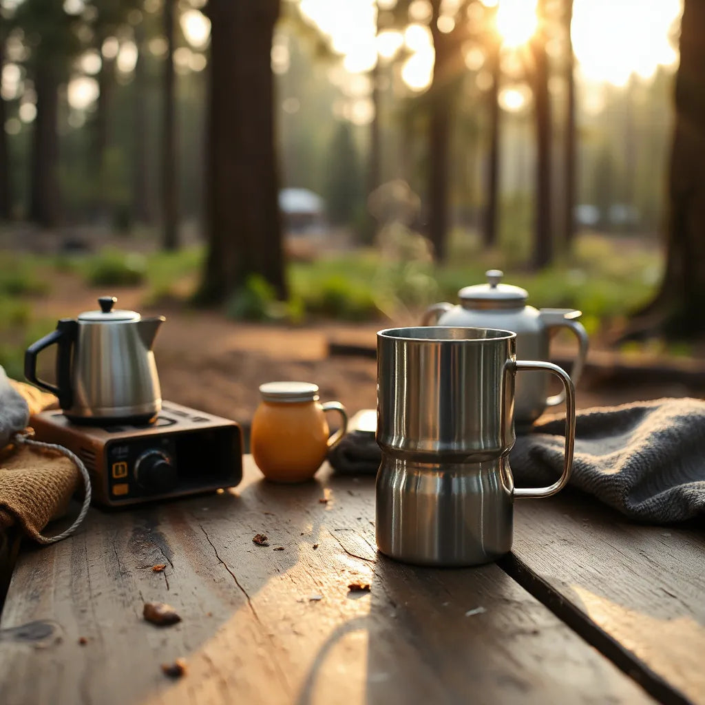 Stainless camping mug on a wooden table beside a camp stove with a forest backdrop