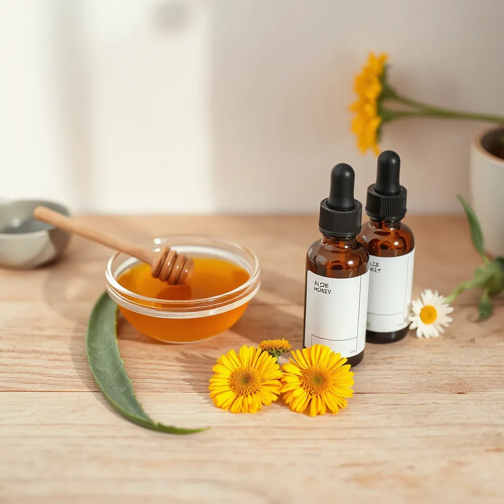 Natural skincare ingredients on a wooden vanity: honey bowl, aloe leaf, flowers, and amber dropper bottles