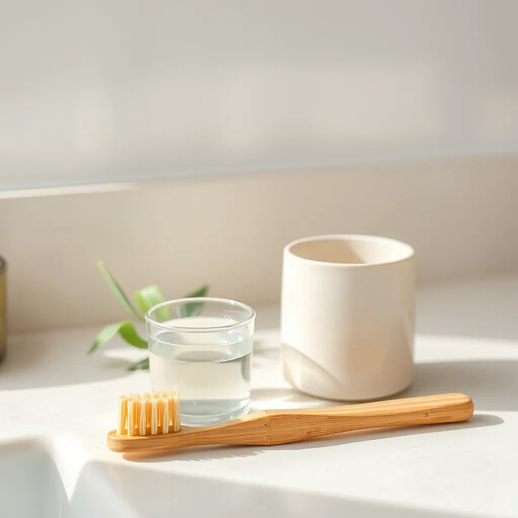 Bamboo toothbrush resting on a bathroom counter with a natural holder and rinsing cup nearby
