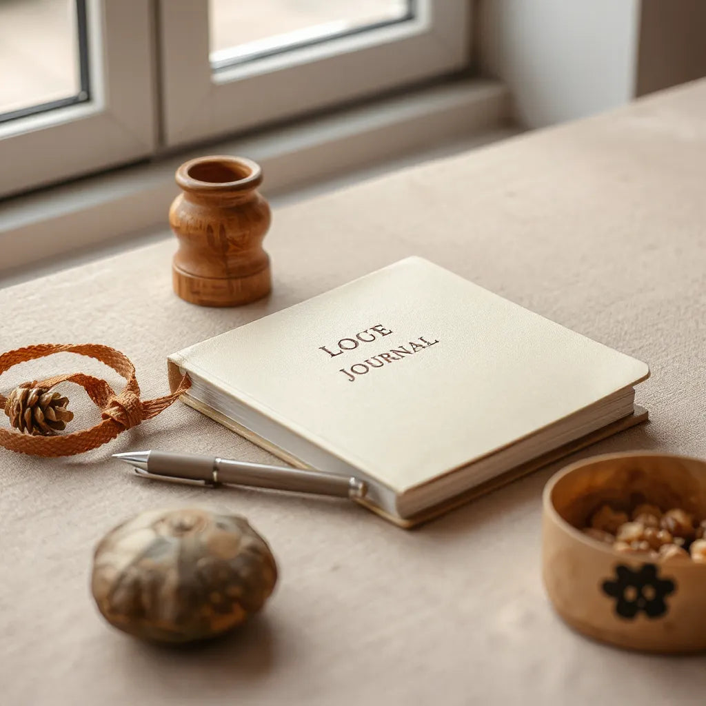 A minimal tabletop scene with a personalized-looking journal and pen in soft natural light