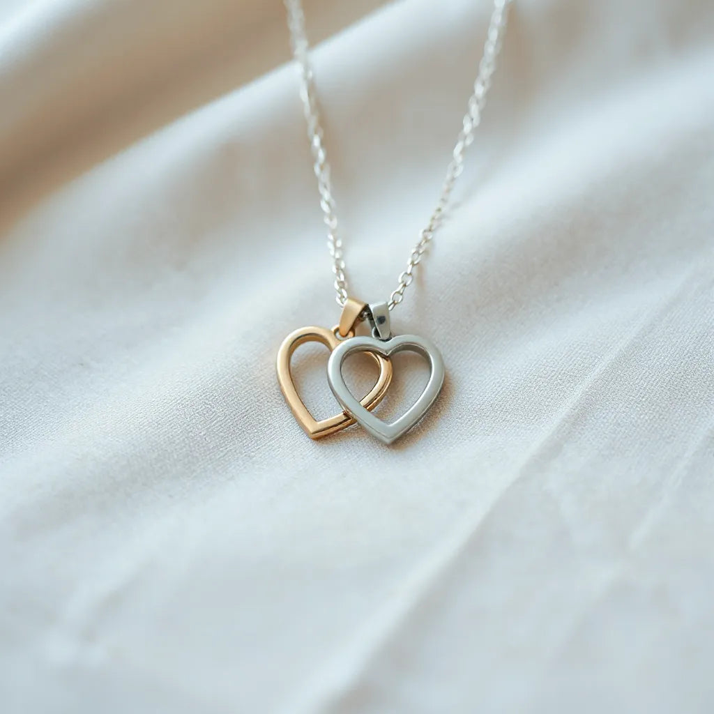 Interlocking hearts necklace with two connected heart pendants on a neutral fabric background