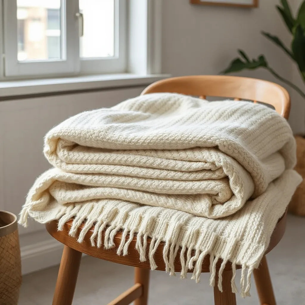 Folded woven heirloom blanket with soft texture on a wooden chair in natural light