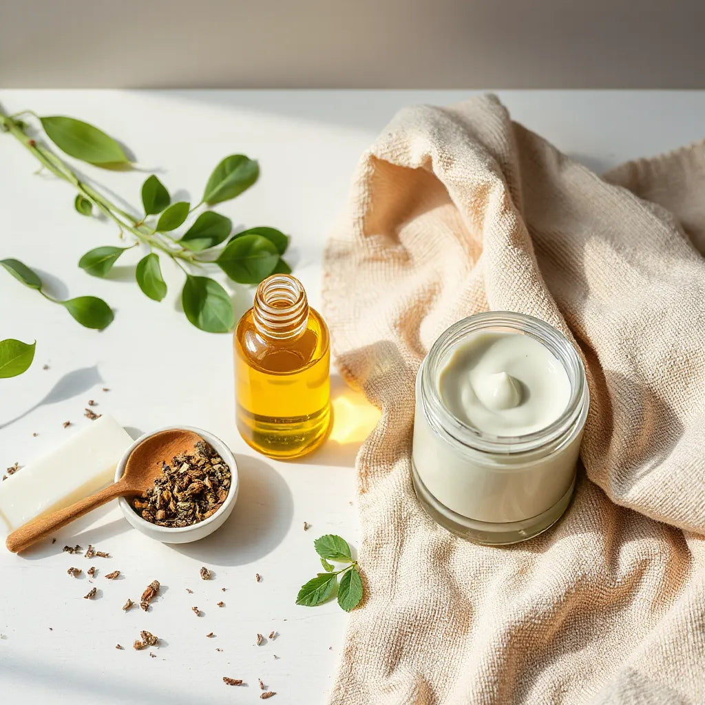 Natural skincare items with herbal ingredients and a clay mask jar on a clean vanity
