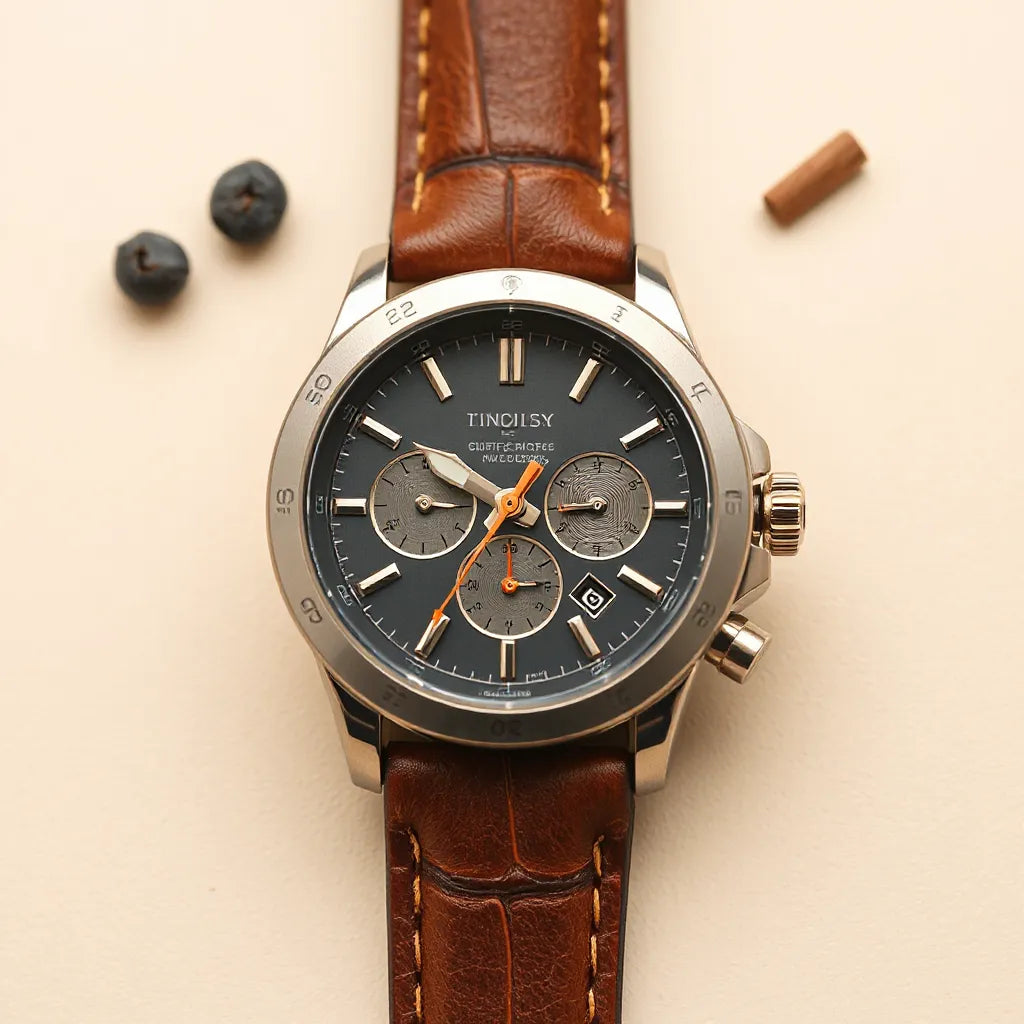 Luxury chronograph watch with visible subdials and crown on a neutral background