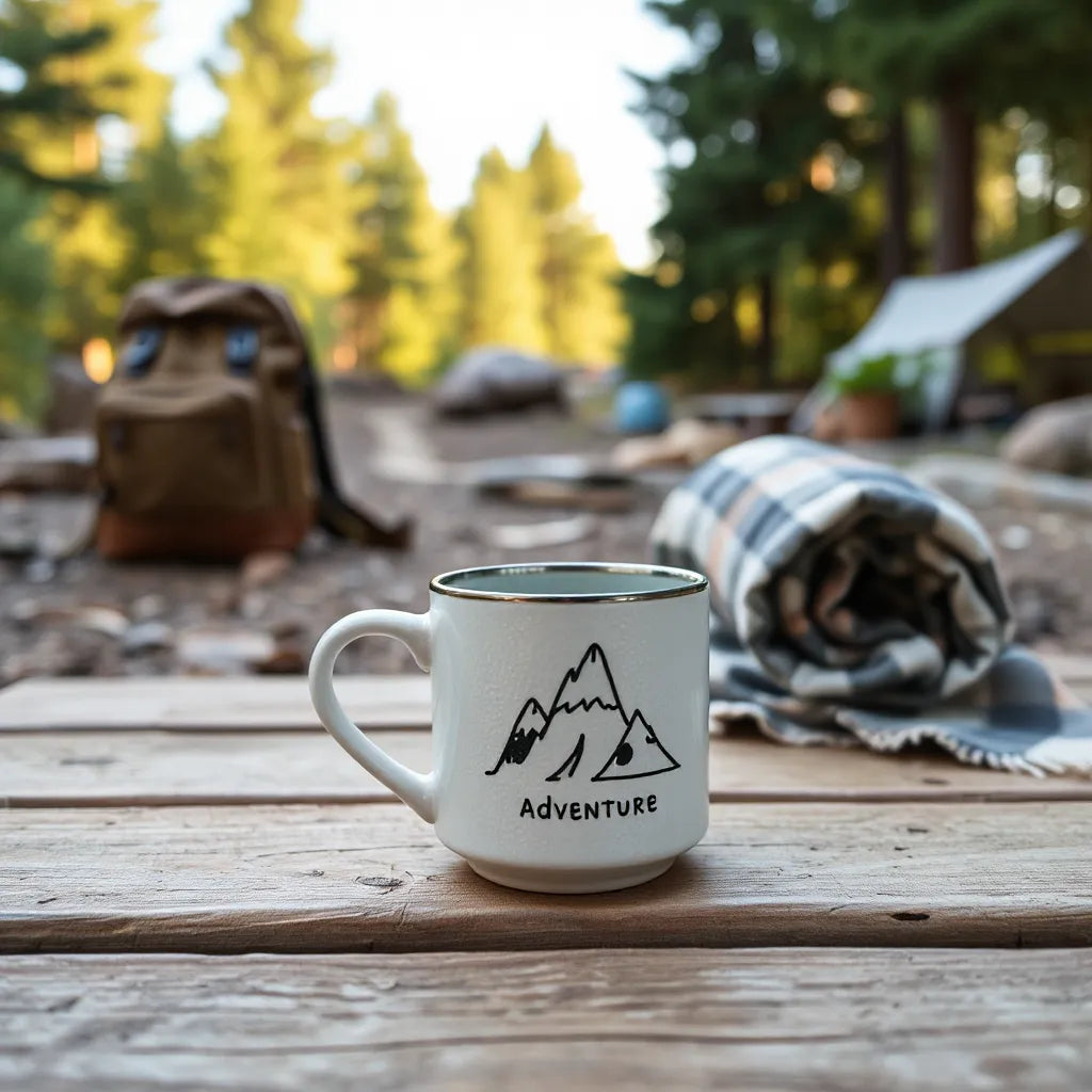 Adventure-themed ceramic coffee mug on a wooden campsite table with trees and a blurred trail background