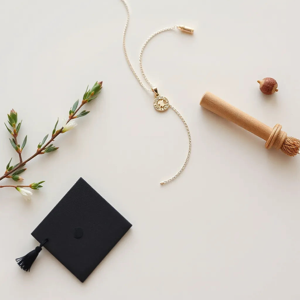 Delicate graduation charm necklace with an adjustable chain extender on a clean light background