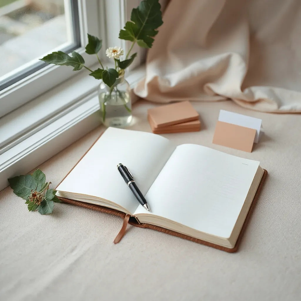 Open journal and elegant pen on a sunlit desk with feminine stationery accents