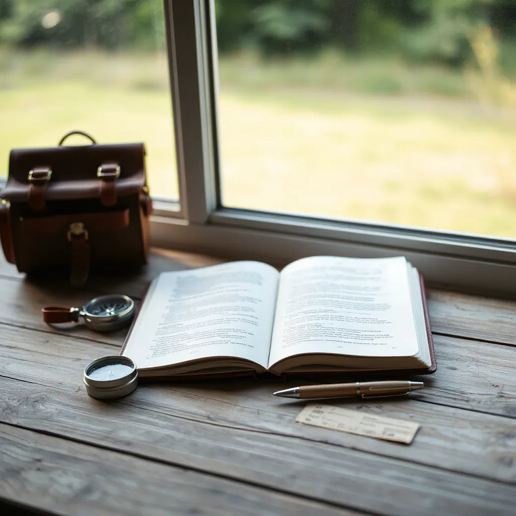 Open journal on a wooden table with a compass and pen in soft natural light
