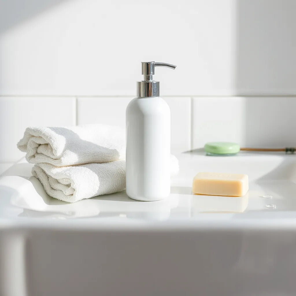 Minimalist body wash pump bottle on a clean sink with water droplets and a towel nearby