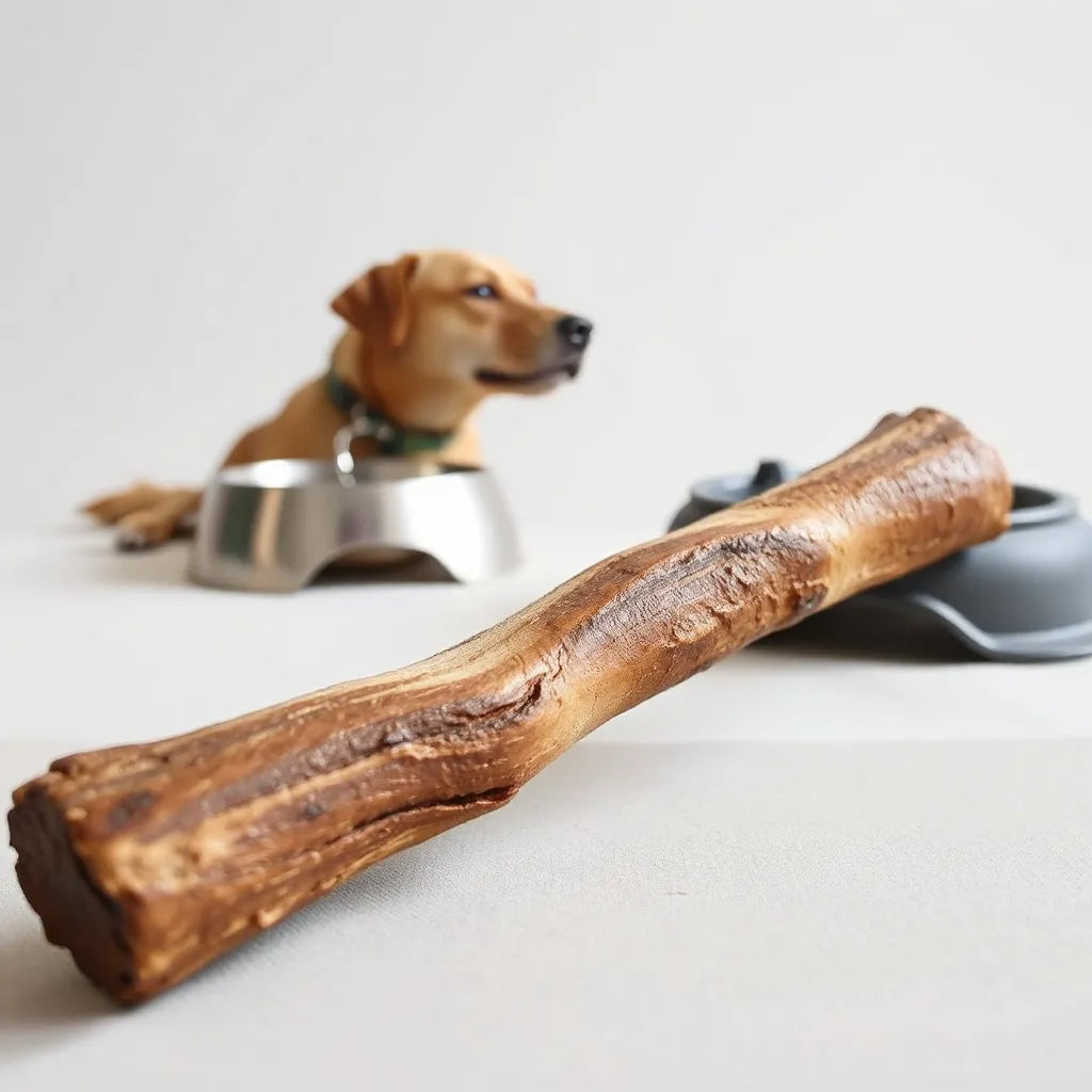 Durable chew stick on a neutral surface with a softly blurred dog and treat bowl