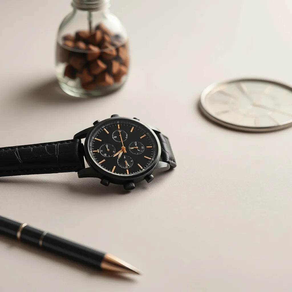 Black chronograph wristwatch with visible sub-dials resting on a dark leather strap