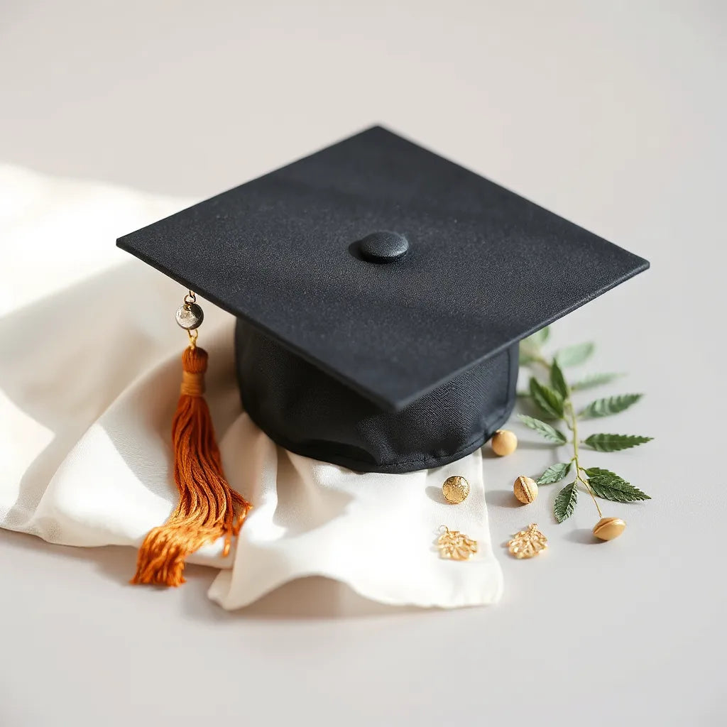Graduation cap with a delicate necklace and bracelet resting beside it on a neutral background