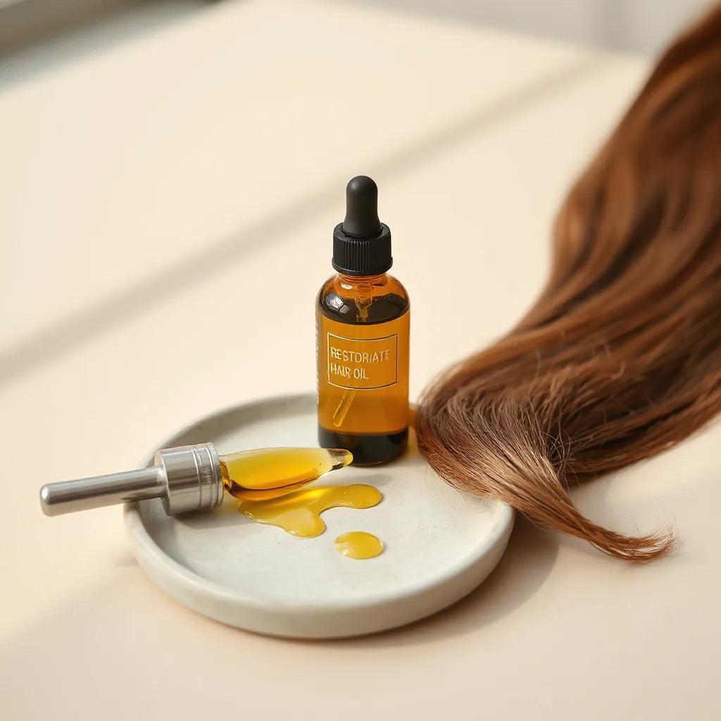 Golden restorative hair oil bottle with dropper and a few glossy oil drops beside soft hair strands