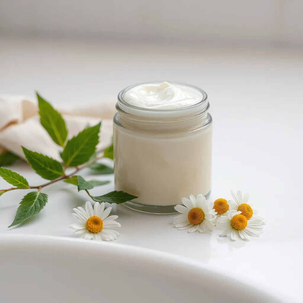 Organic moisturizing cream jar with creamy texture, alongside chamomile flowers and green leaves on a clean vanity