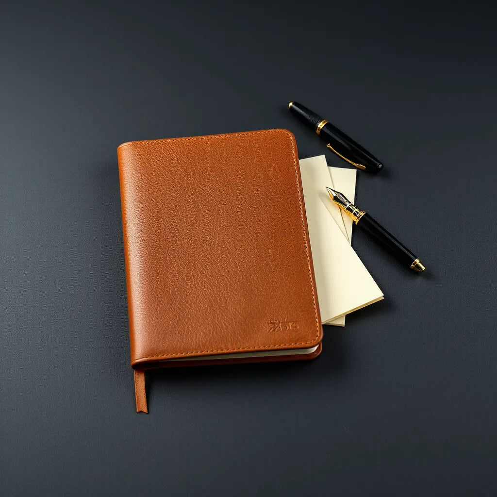 Luxury journal with leather cover and gold accents alongside a fountain pen on a dark table