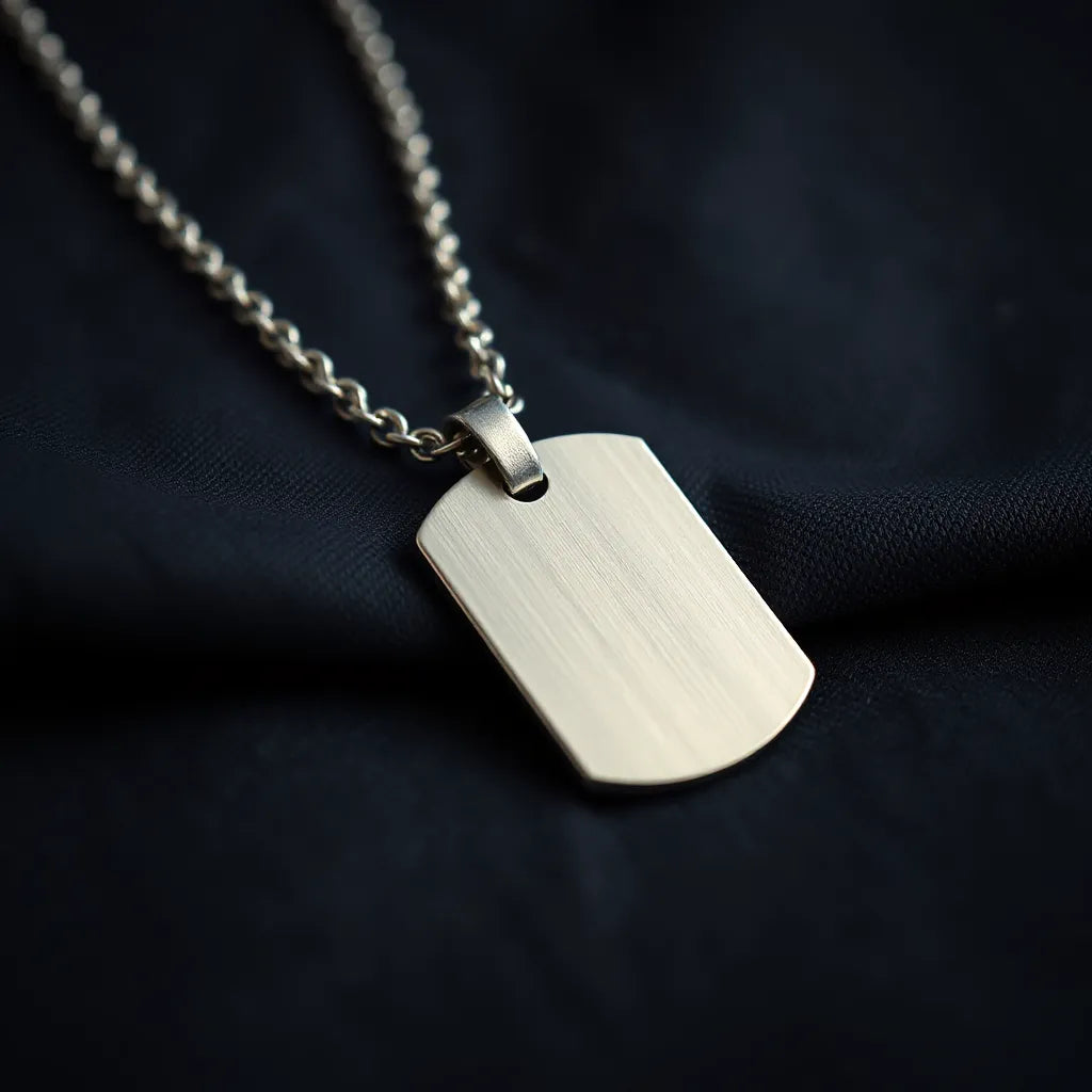 Stainless steel dog tag necklace with a curb chain on dark fabric