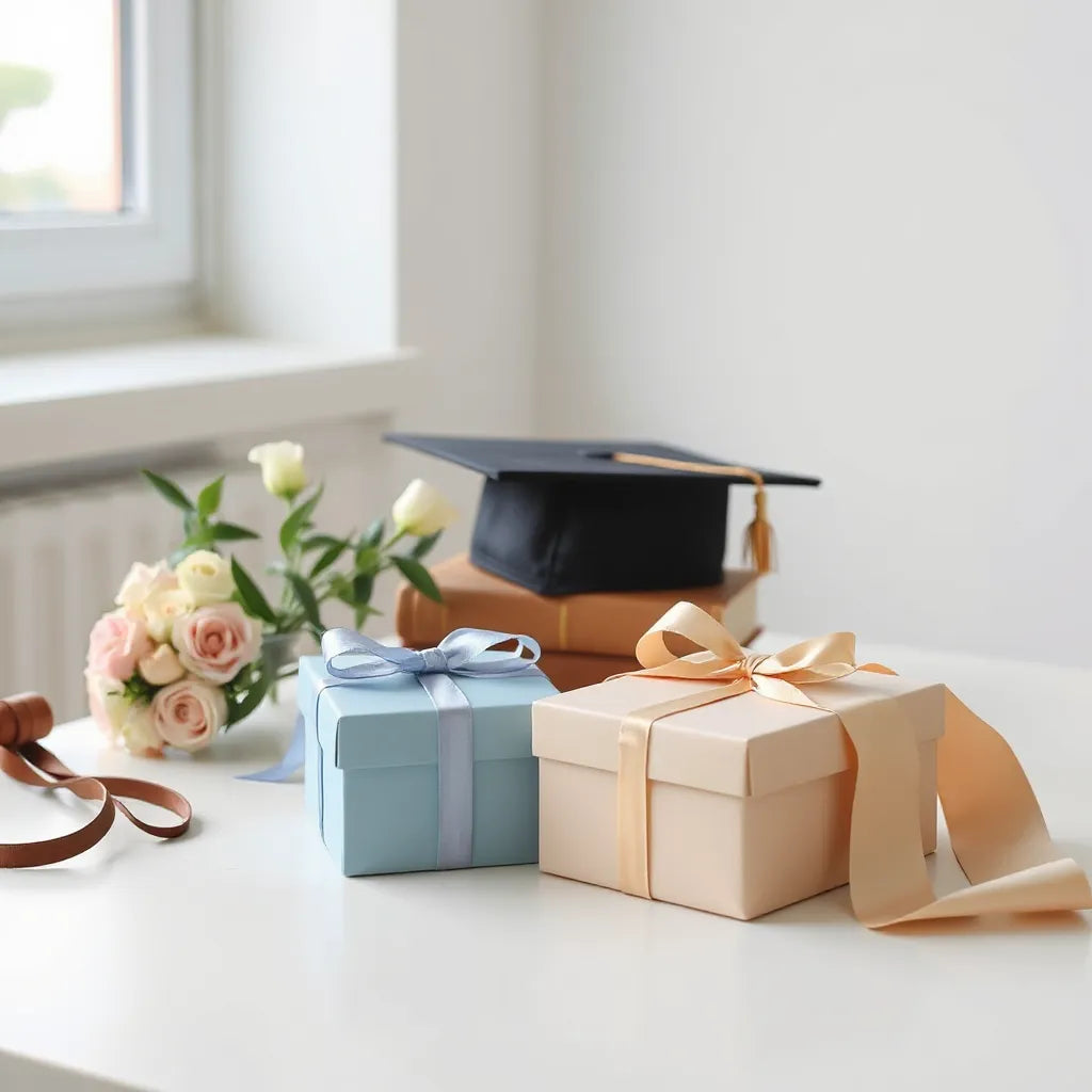 Two graduation gift boxes, flowers, a book, and a cap on a clean table setting