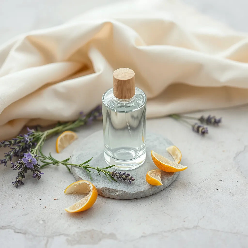 Elegant glass perfume bottle with fresh botanicals on a neutral stone surface