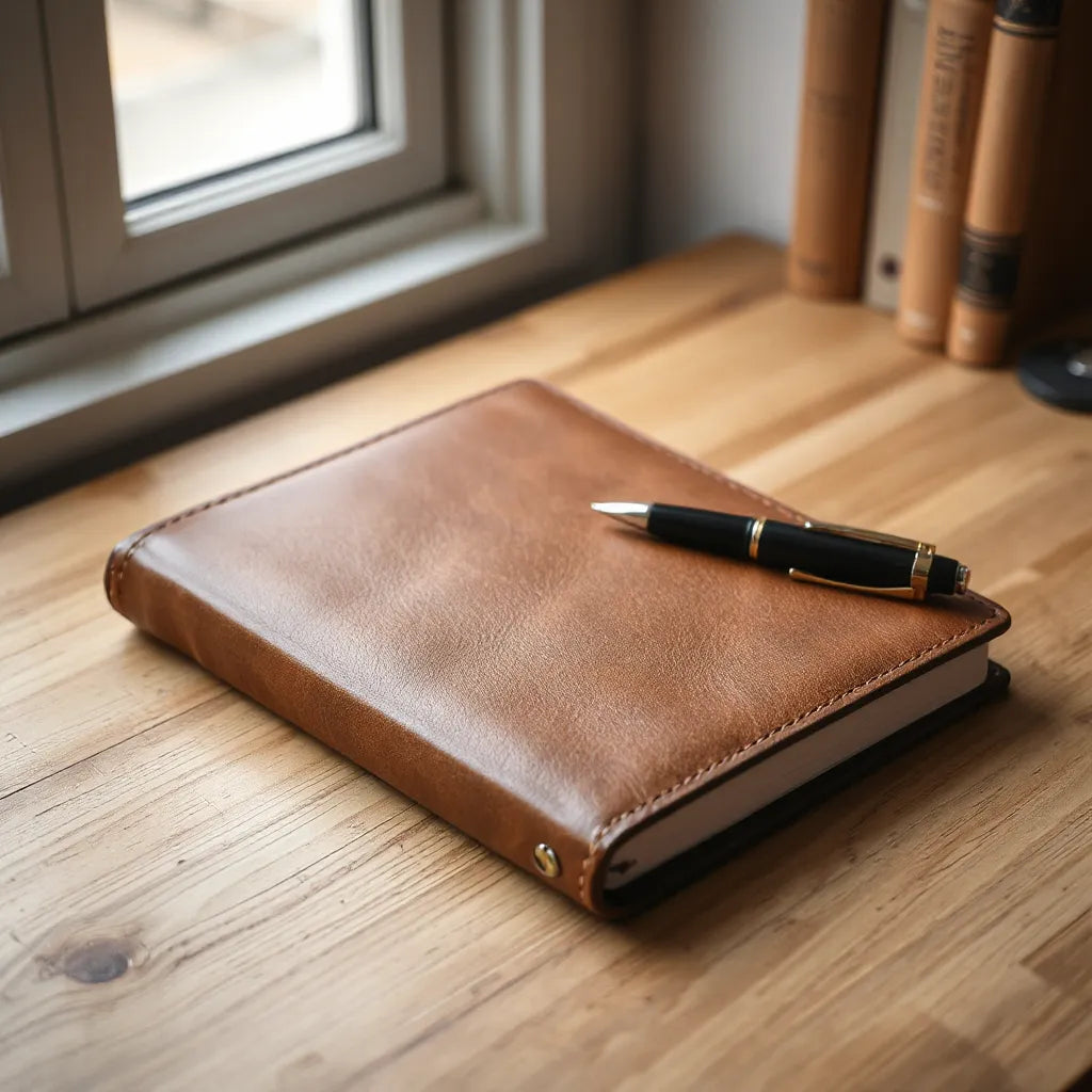 Leather notebook on a wooden desk with visible grain and stitching under soft natural light