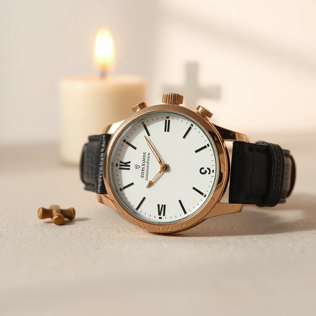 Faith-inspired watch resting on a clean surface with warm morning light