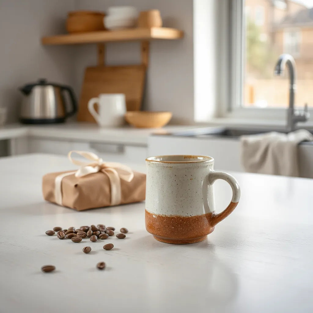 Handmade ceramic mug with soft ribbon-wrapped gift and cozy kitchen background