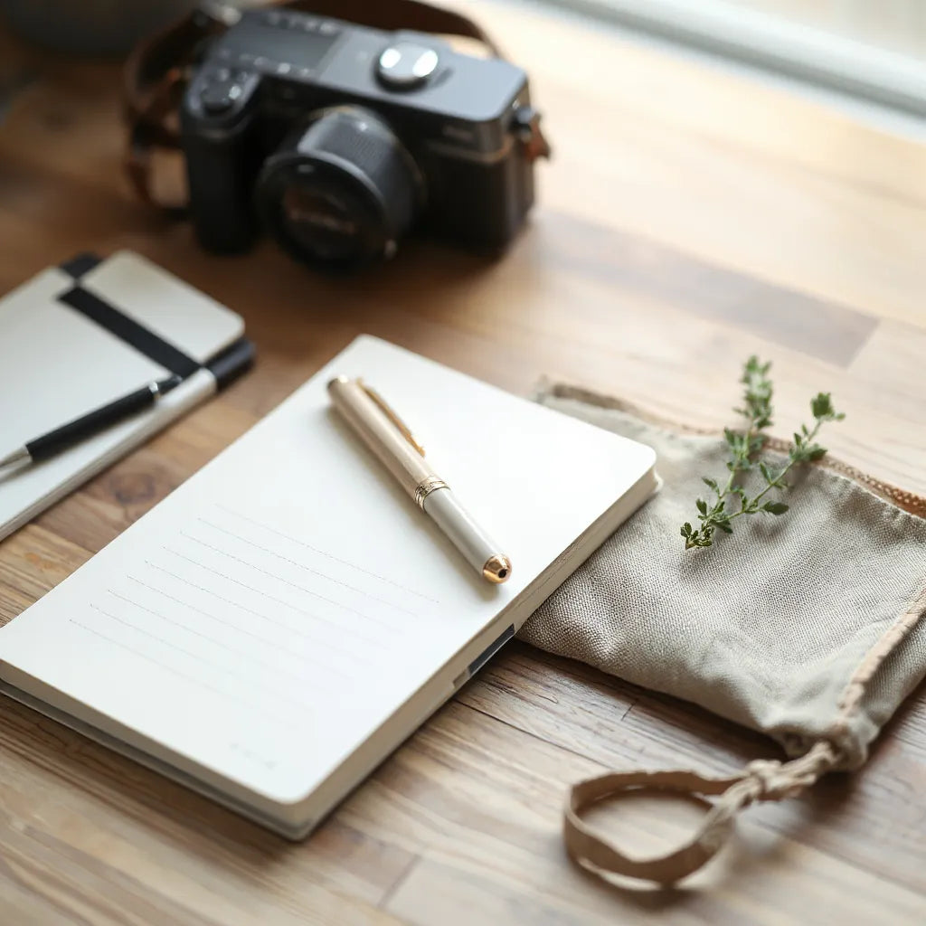 Minimalist lightweight journal and pen on a wooden desk with natural light and greenery