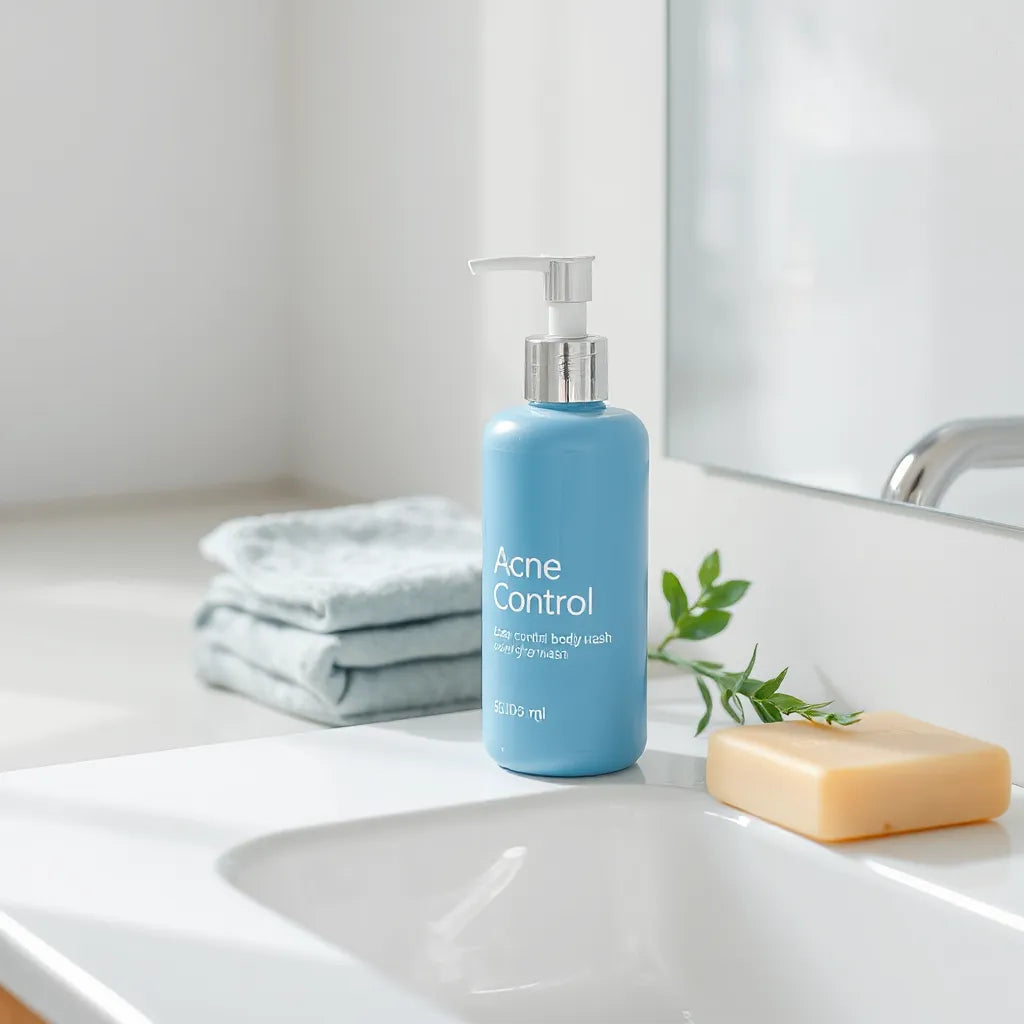 Acne control body wash bottle with pump on a clean bathroom sink counter