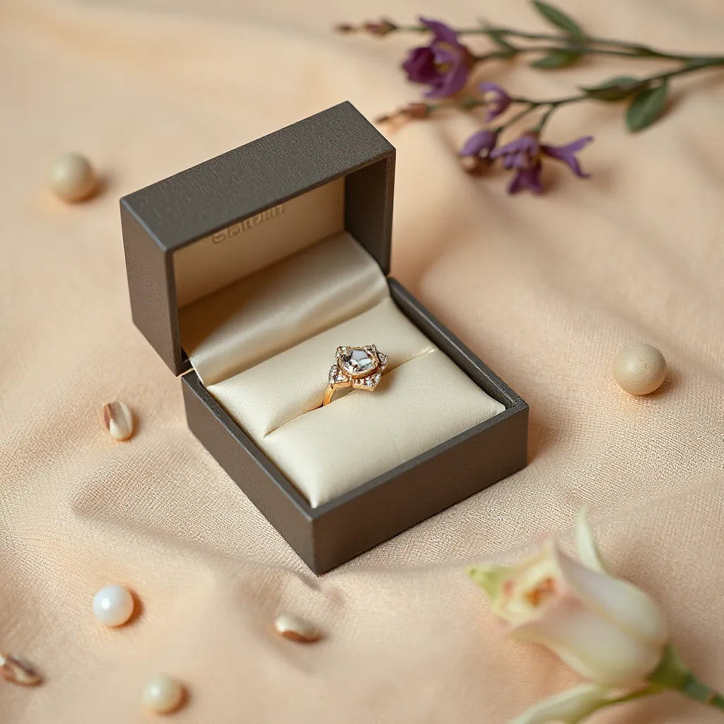 Elegant jewelry gift box with satin lining and hinged lid, styled for presenting a ring or necklace