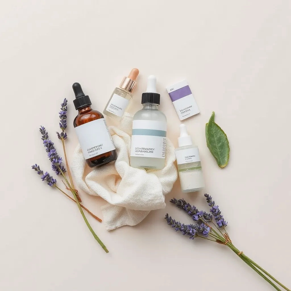Eco-friendly skincare bottles and jars with natural herbs and sustainable packaging on a light background