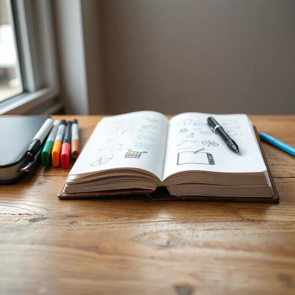 Open graphic journal with colorful sketches and drawing tools on a wooden desk