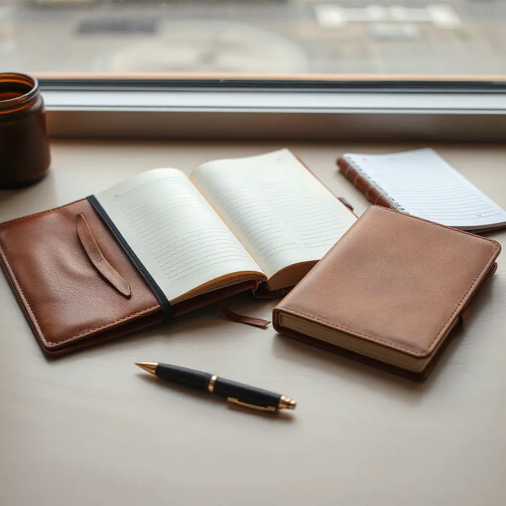 Brown leather journal with stitched cover and open pages on a desk beside a pen