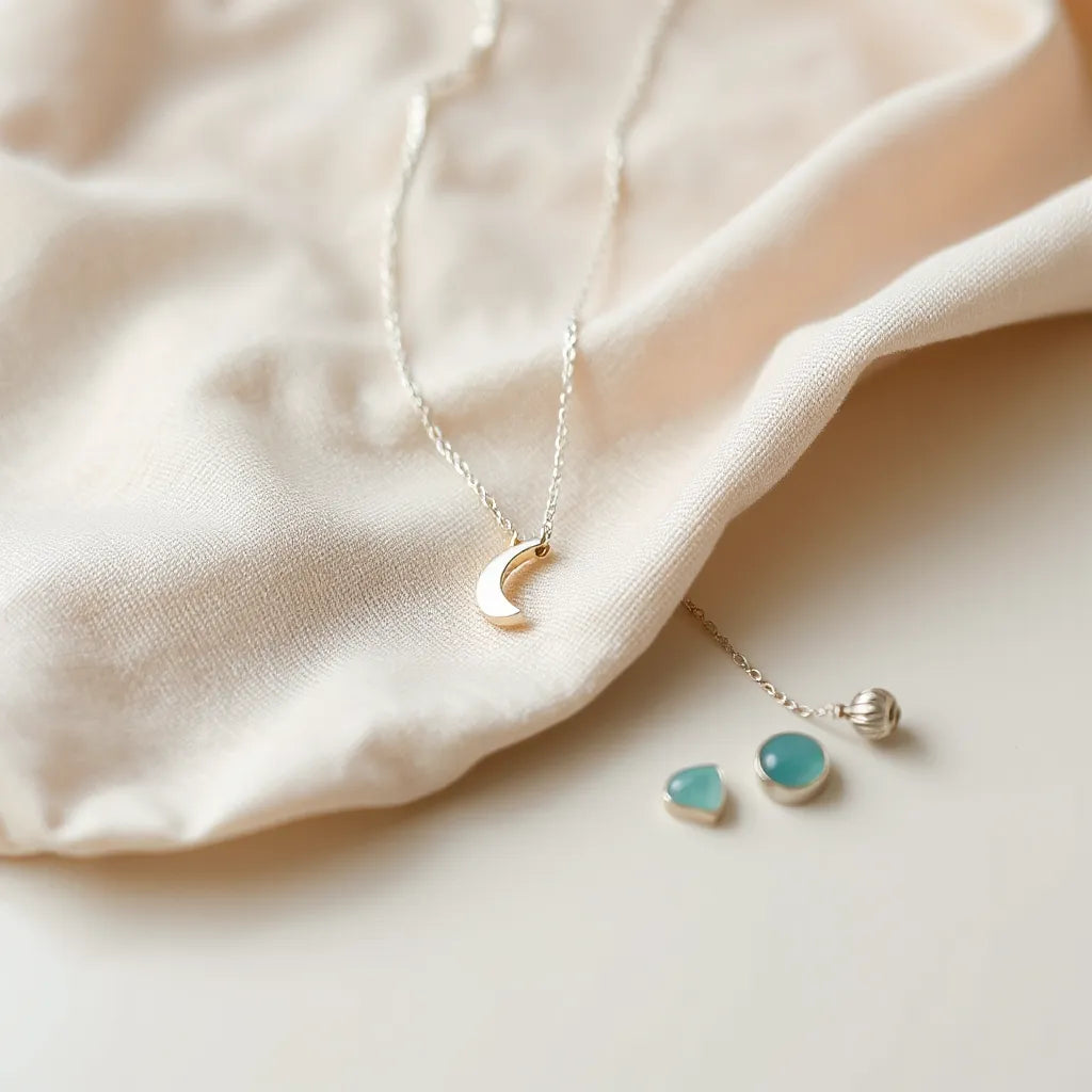 Delicate skyward pendant necklace on neutral fabric with soft natural lighting