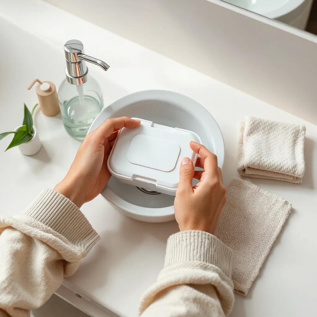 Hands placing facial wipes into a clean container on a tidy bathroom counter