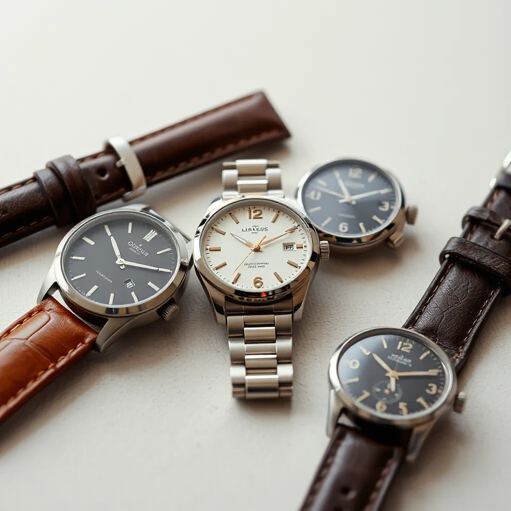 Three men’s wristwatches with leather and metal bands displayed on a neutral tabletop
