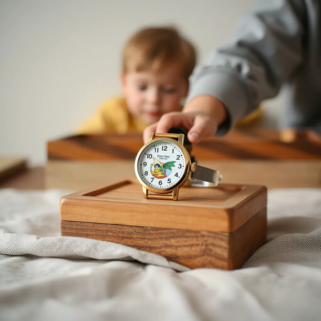Children’s hero-themed wristwatch resting on a keepsake box with a child’s hand nearby