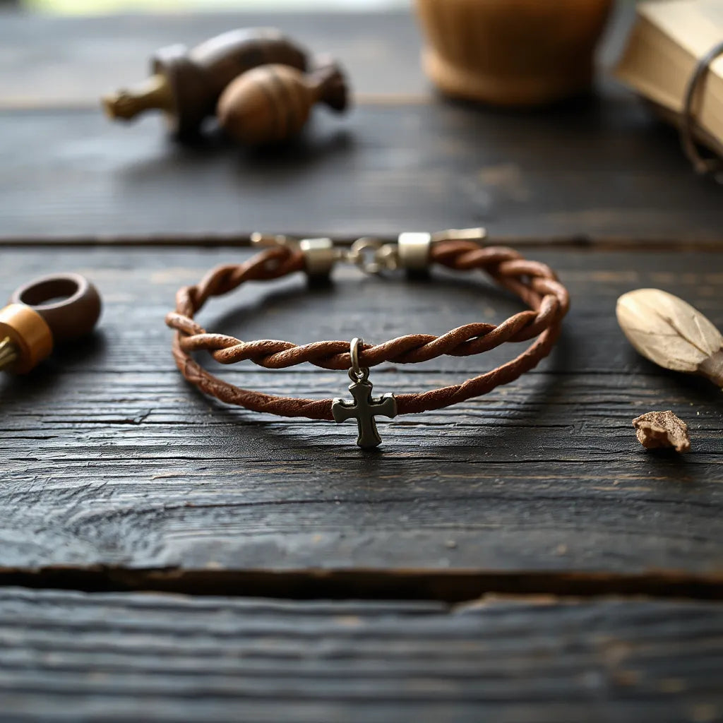 Brown leather cross bracelet with a small metal cross charm on a dark wooden background