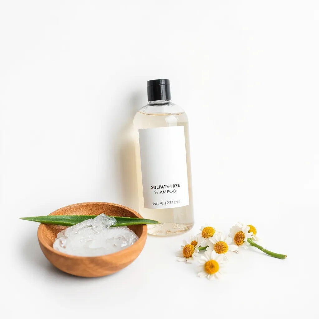 Sulfate-free shampoo bottle with natural ingredients like aloe and chamomile on a clean light background
