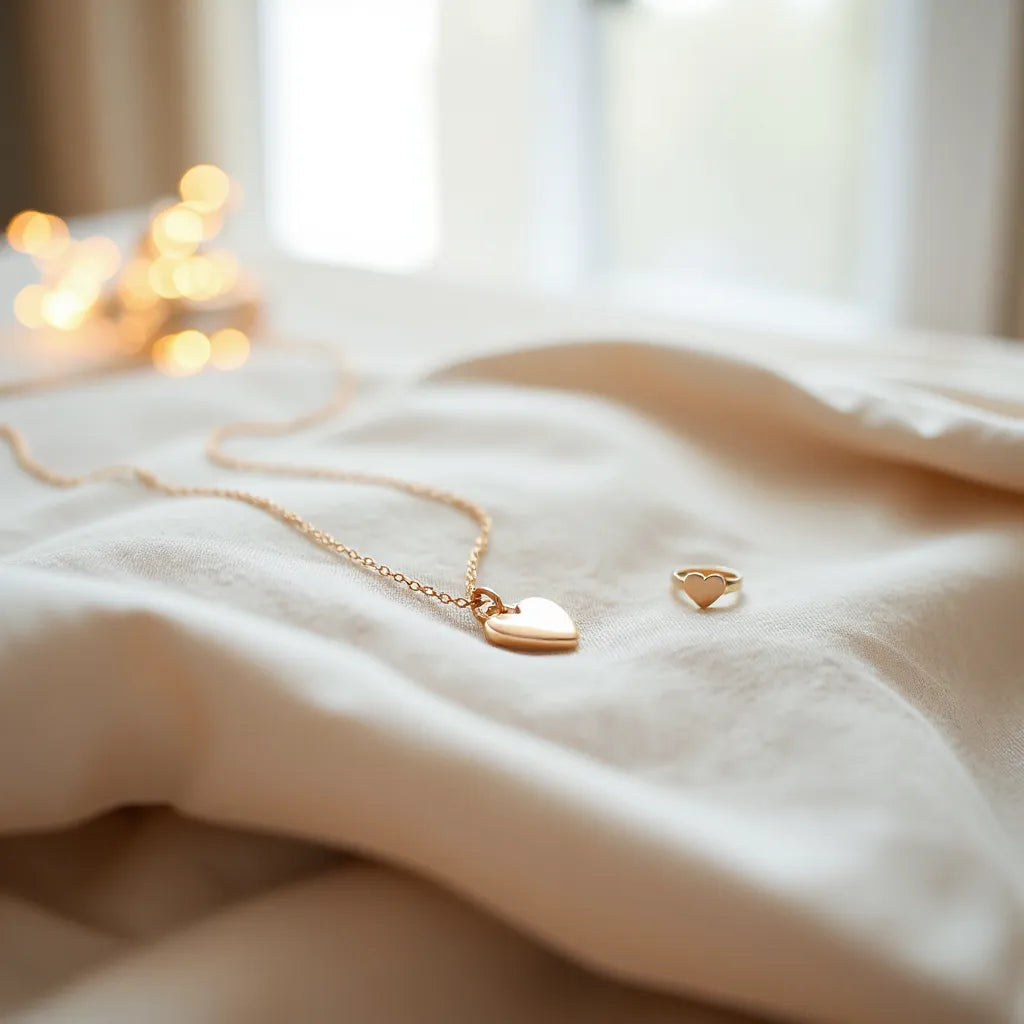 Delicate heart pendant necklace resting on soft fabric with warm natural light and a subtle chain detail