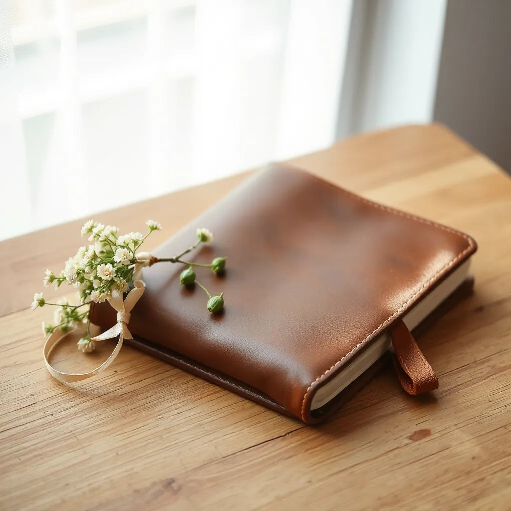 Brown leather journal with ribbon on a wooden table beside soft flowers
