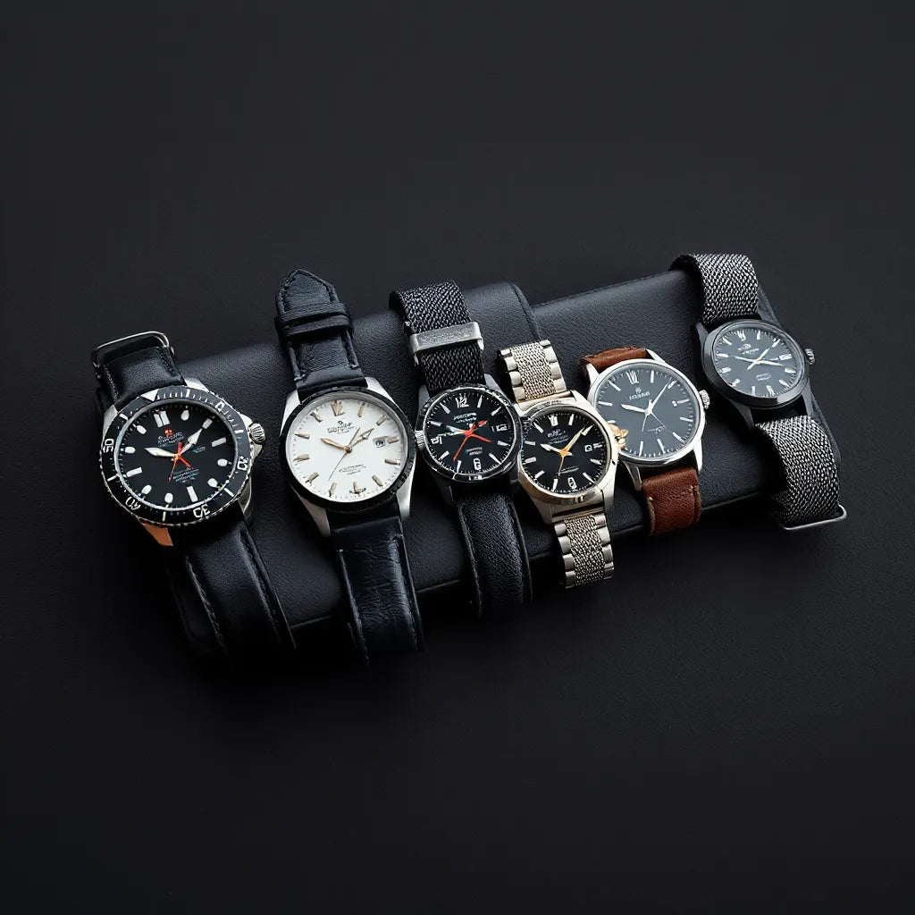 Assorted men's watches on dark leather with visible metal and leather straps and dial details