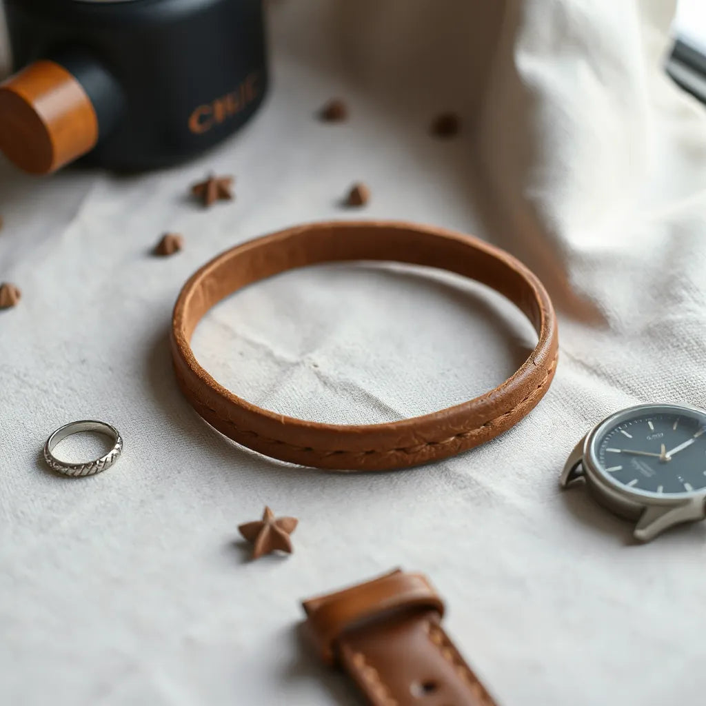 Brown leather bracelet with subtle accessories on a neutral fabric background