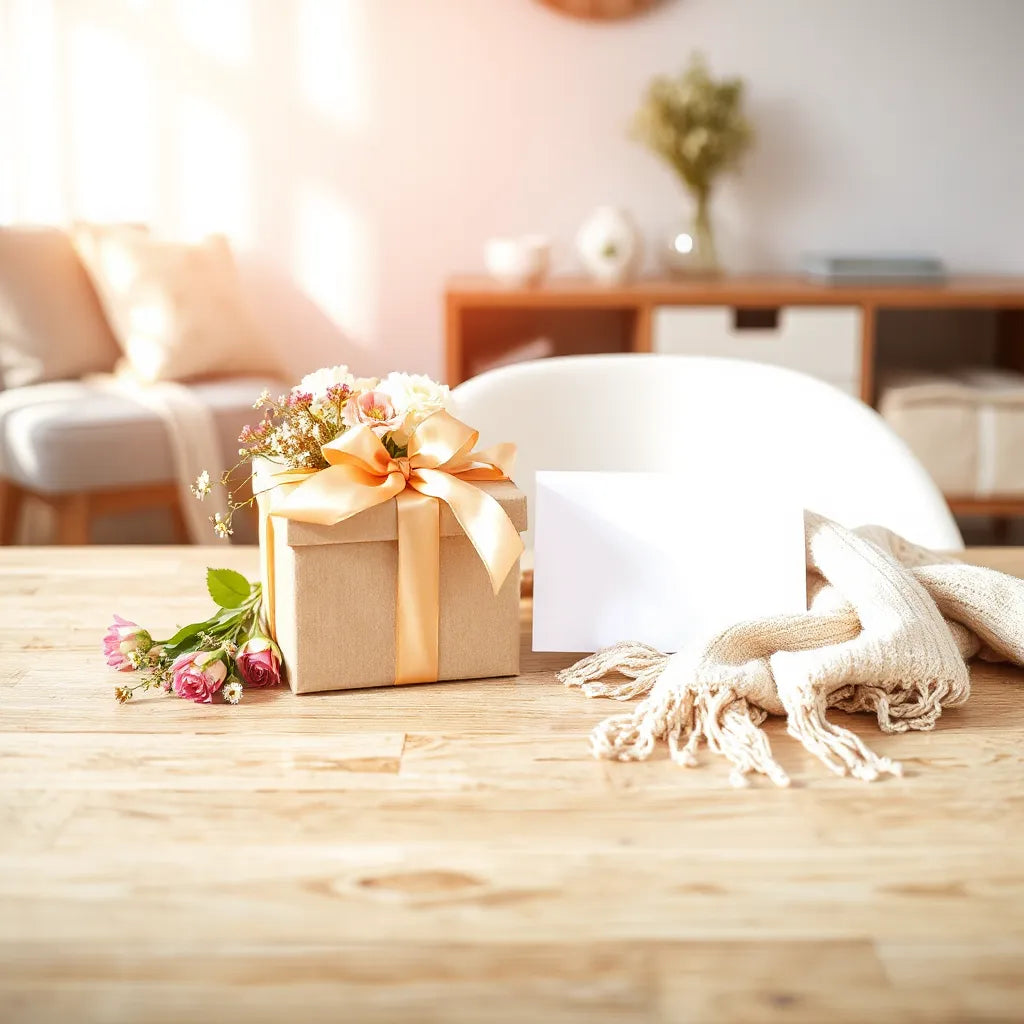 Wrapped gift with satin ribbon, flowers, and a blank card on a wooden table