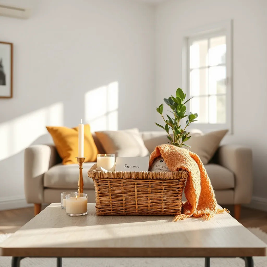 Curated housewarming gift basket on a table in a bright, newly decorated living room