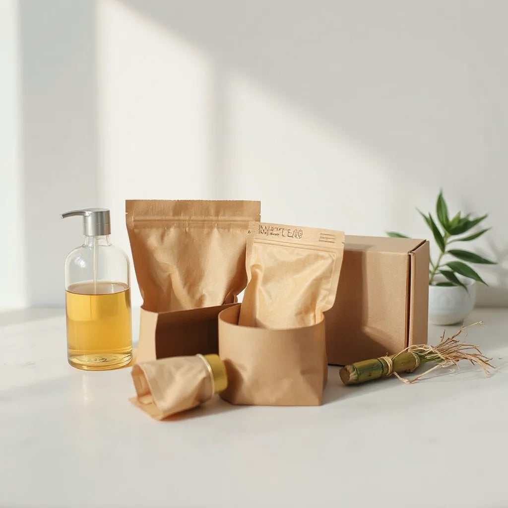 Reusable beauty containers and refill options with natural textures and recycled paper packaging